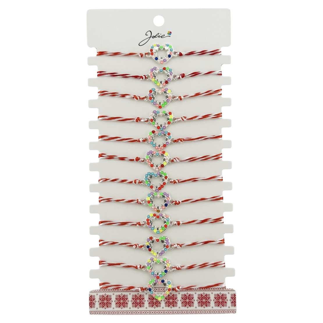 Bratara Martisor pentru Dama, Jolie, Model Inima Multicolora, Set 12 bucati, Pandativ Argintiu din Inox cu Elemente Multicolore, Snur Alb/Rosu