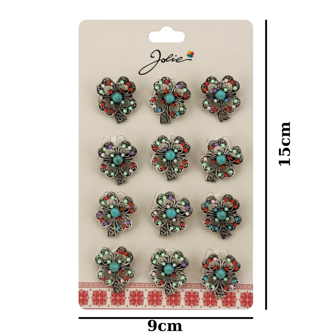 Brose Martisor Primavara, Jolie, Set 12 Bucati, Model Trifoi cu Pietre Decorative, Brosa din Metal, Dimensiune 3 x 2 cm per Bucata, Argintiu/Albastru deschis