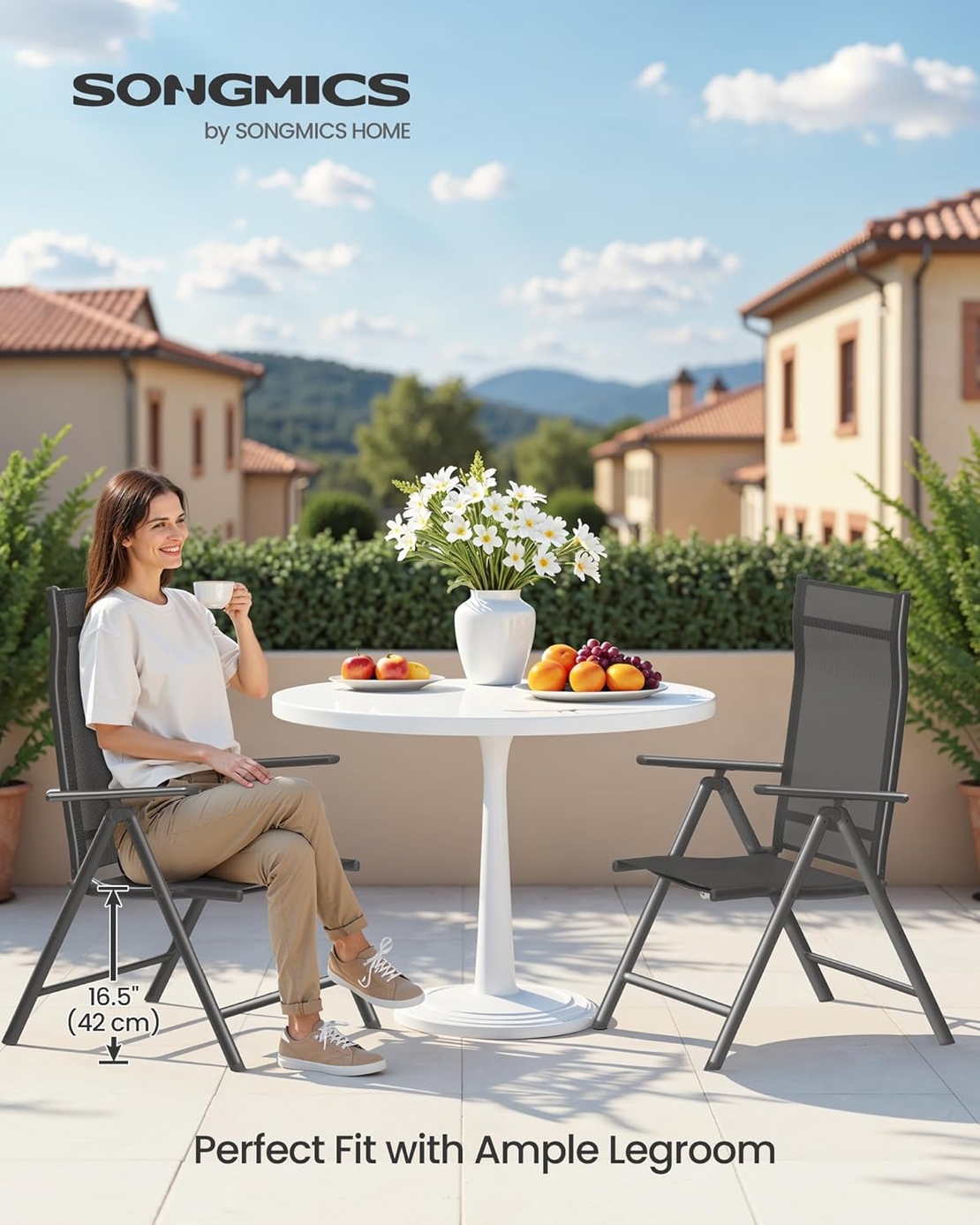 SONGMICS Set 2 scaune gradina pliabile cu spatar reglabil 8 pozitii, 150 kg, 56x70x106 cm, negru
