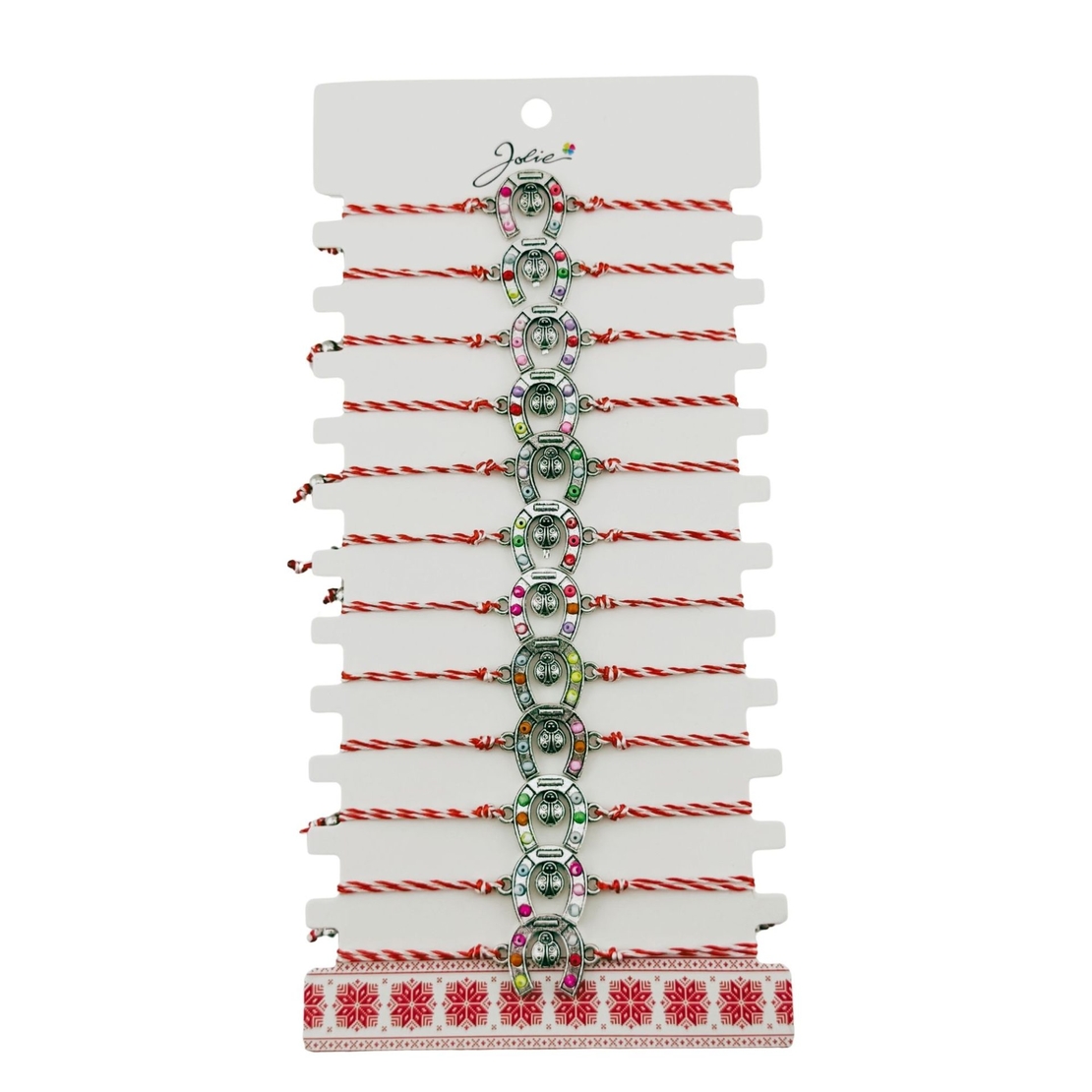 Bratara Martisor pentru Dama, Jolie, Model Potcoava, Set 12 bucati, Pandativ Argintiu din Inox cu Snur Alb-Rosu Ajustabil