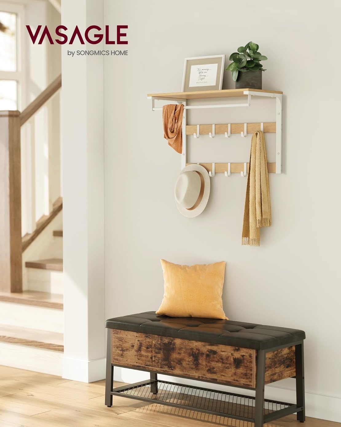VASAGLE Raft de perete tip cuier, 10 carlige detasabile, sina pentru haine, 30x65x42cm, stejar si alb