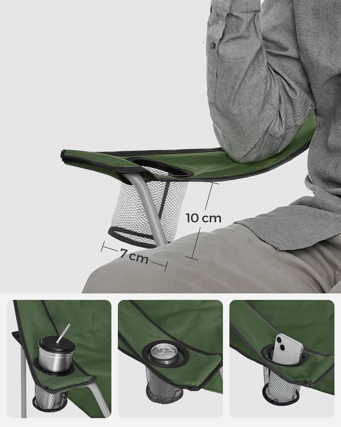 SONGMICS Set 2 scaune pliabile camping cu suport bauturi, husa transport, 52x84x81 cm, 120 kg, verde