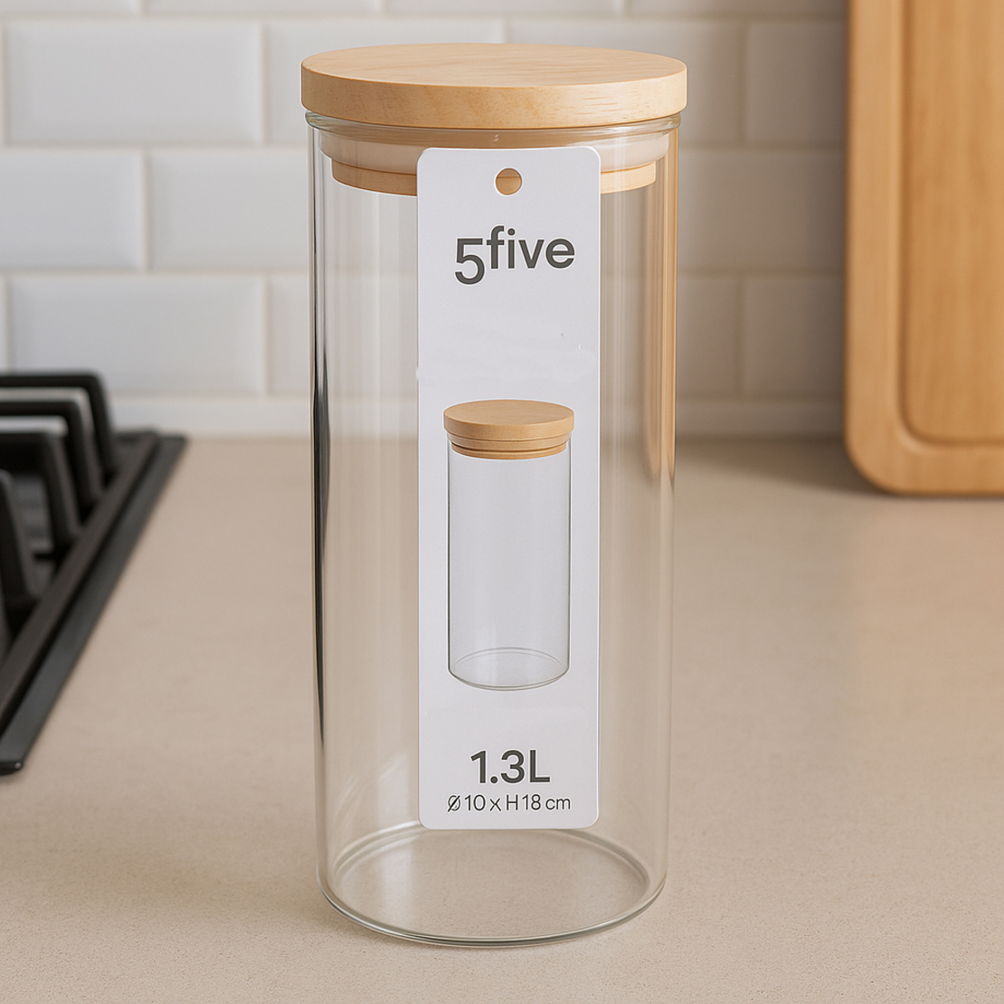 Borcan etans 5Five din sticla borosilicata cu capac lemn natural, 1.3 l, transparent
