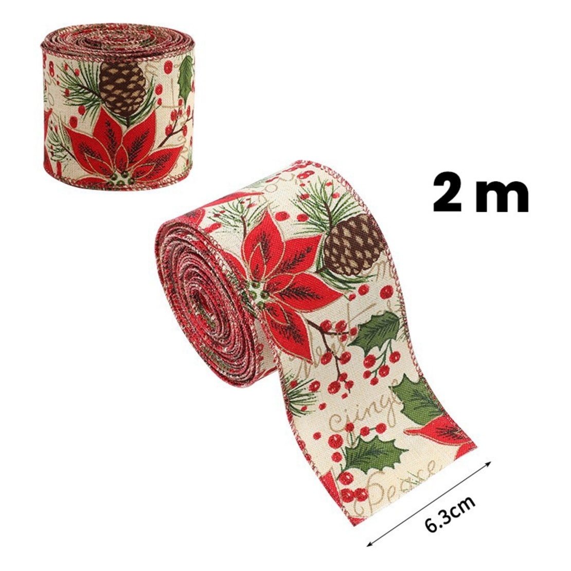 Panglica Decorativa pentru Craciun, Flippy, Ornament pentru Brad de Craciun, Pretreceri, Panglica cu Design Conuri si Floare Rosie, 200 x 6.3 cm, Khaki