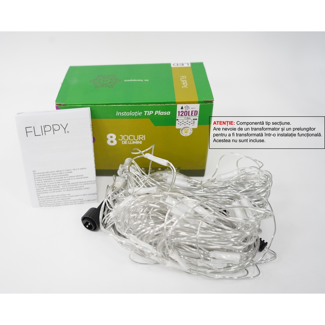 Sectiune Instalatie de Craciun Vafy, Tip Plasa, 120 LED-uri, 1.5 x 1.5 m, 8 jocuri de lumini, Interconectabila, Fir transparent, Alb cald