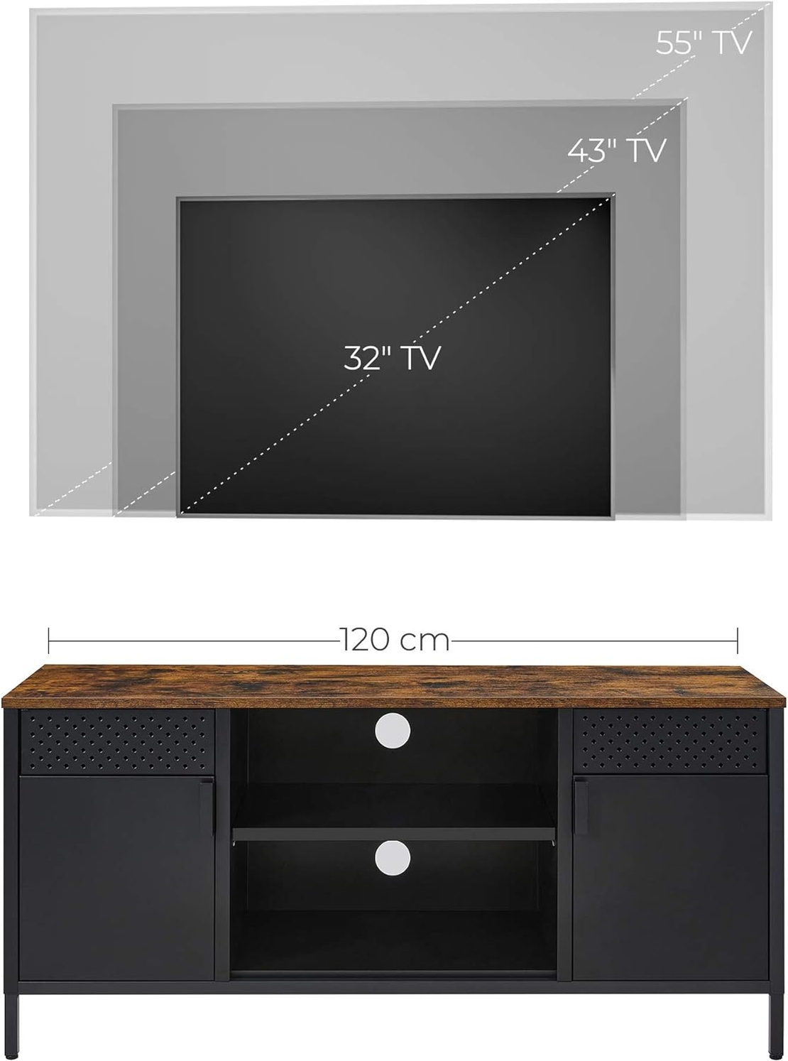 SONGMICS Comoda TV 120x40x55 cm, 3 rafturi reglabile, 2 usi, stil vintage, PAL si otel, maro-negru mat