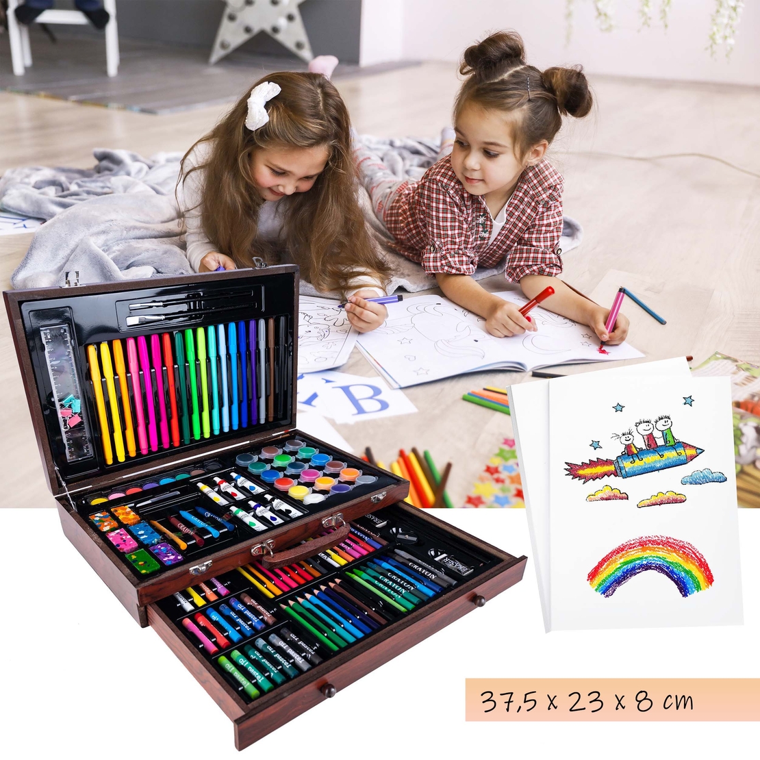 Set desen si pictura XL 130 piese cu valiza din lemn, 37x23x8 cm, multicolor