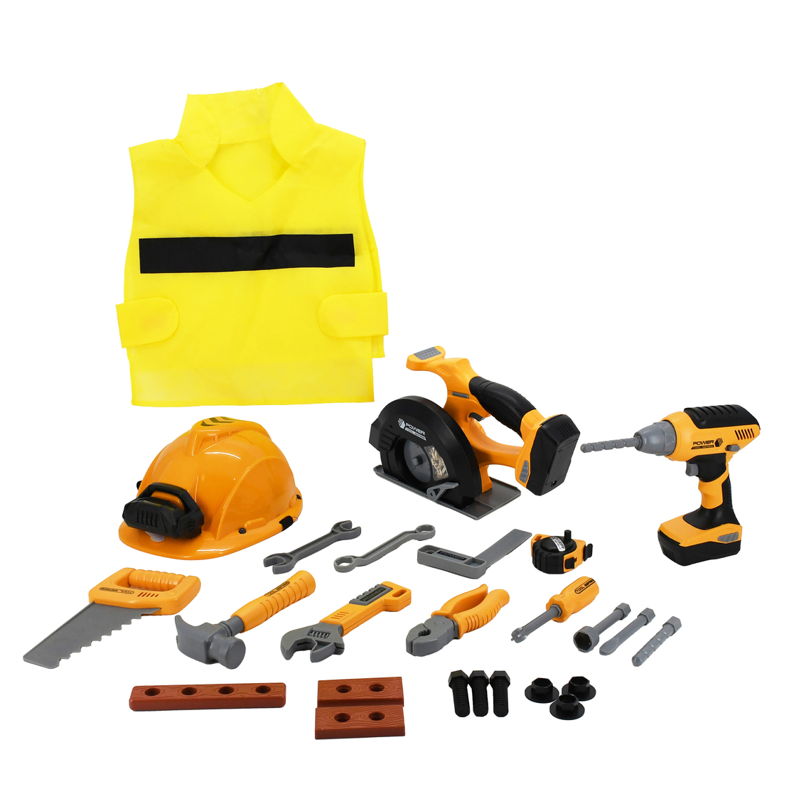 Set unelte pentru copii cu bormasina, fierastrau, casca luminata si vesta de constructor, 29x27x21 cm