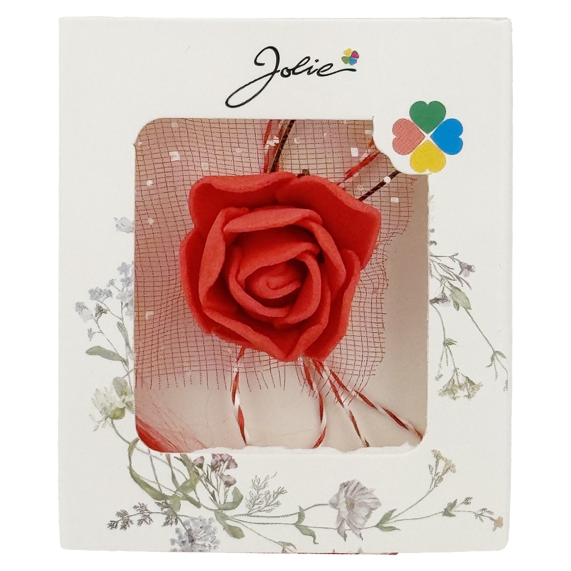 Martisor Motiv Floral, Jolie, Model Trandafir, cu Snur Alb/Rosu, 9 x 5 cm, Rosu