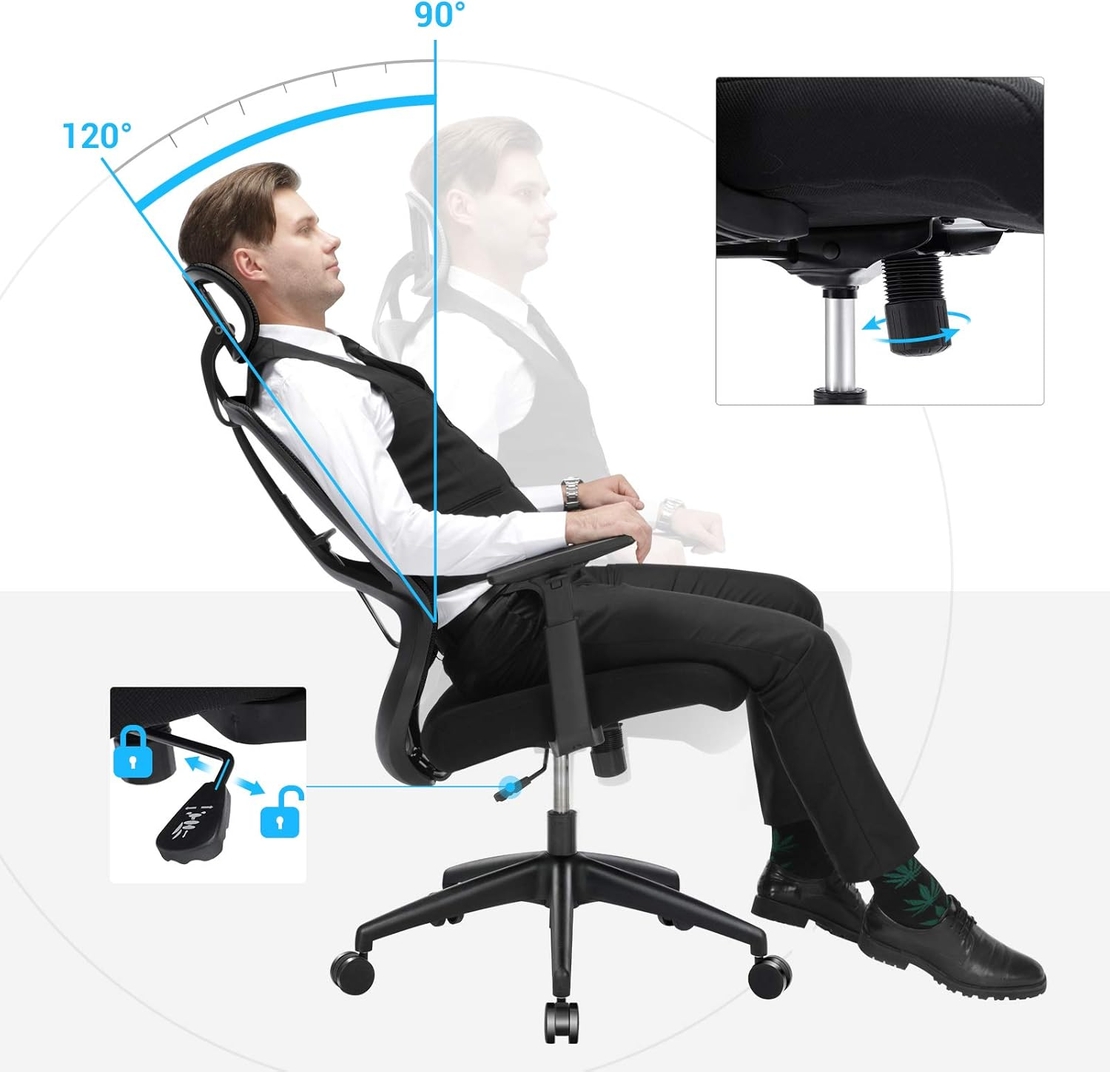 SONGMICS Scaun de birou ergonomic cu tetiera si suport lombar, reglabil, mecanism balans, maxim 120 kg, 70x70x133 cm, negru
