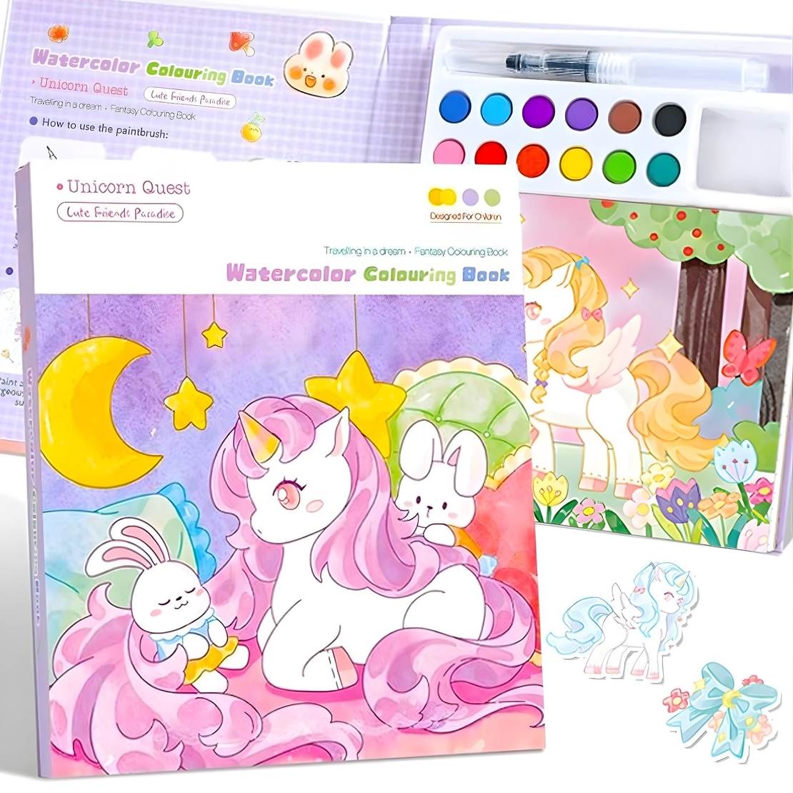 Carte de Colorat cu Acuarela, Flippy, Model Unicorn, 20 Foi de Carton 200 gr, 12 Culori, 1 Pensula, 15.7 x 18.8 x 1.8 cm, Mov