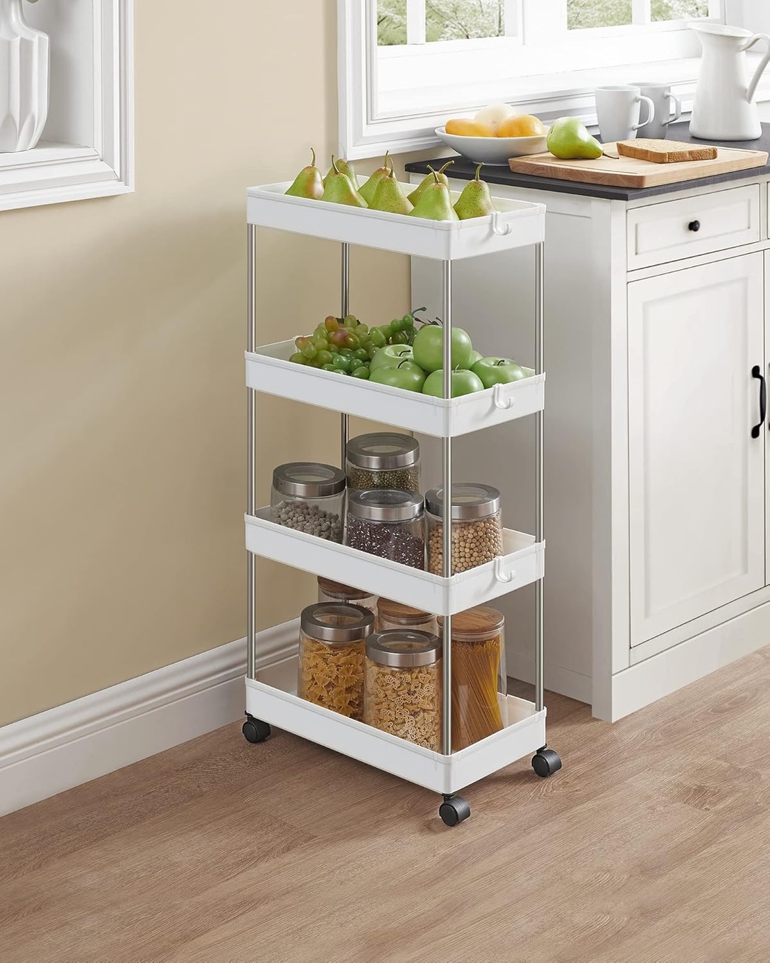 SONGMICS Carucior de depozitare mobil cu roti, pe 4 niveluri, 40x22x87 cm, alb