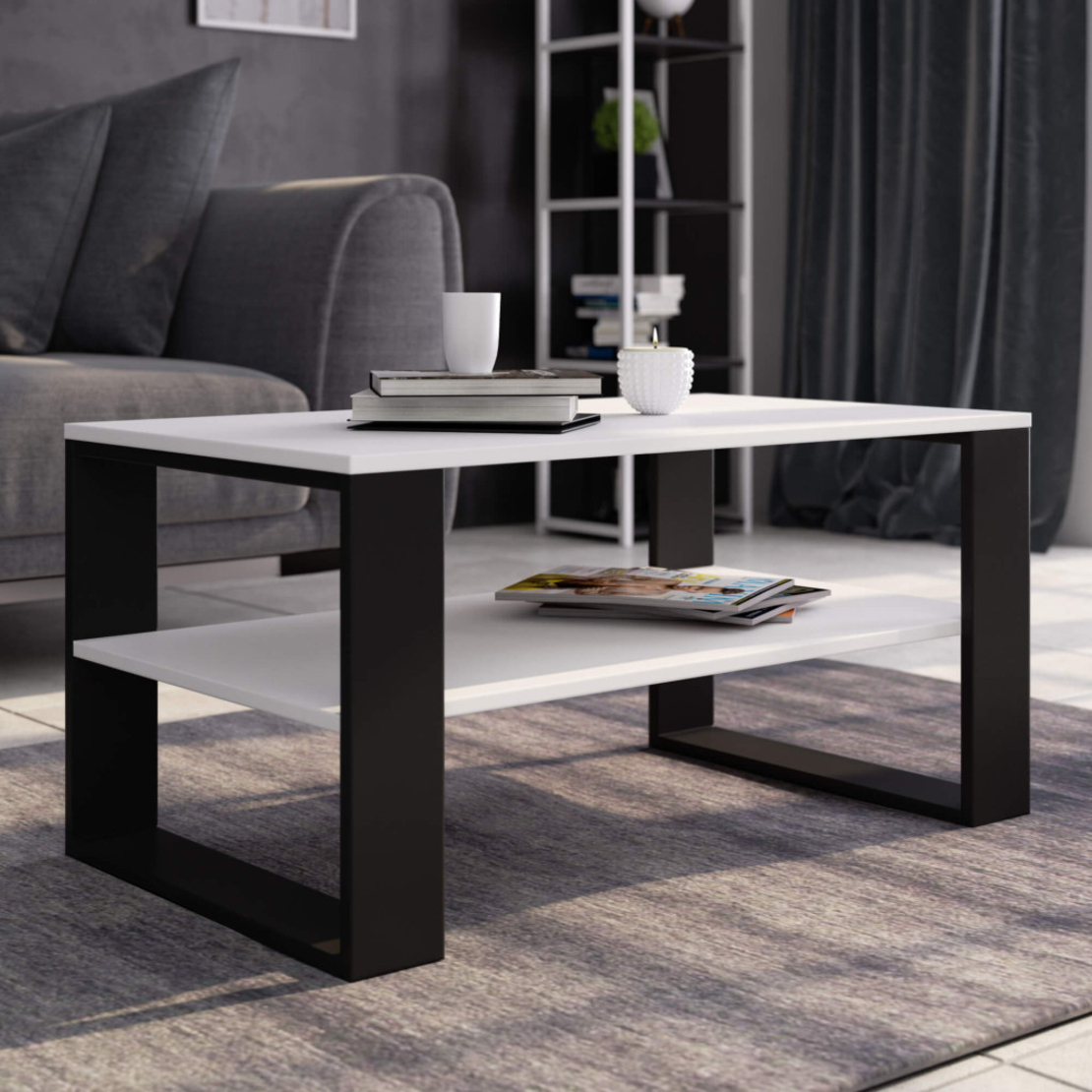 Masuta cafea ALEX cu raft inferior, PAL laminat, 92x53x45 cm, alb si negru