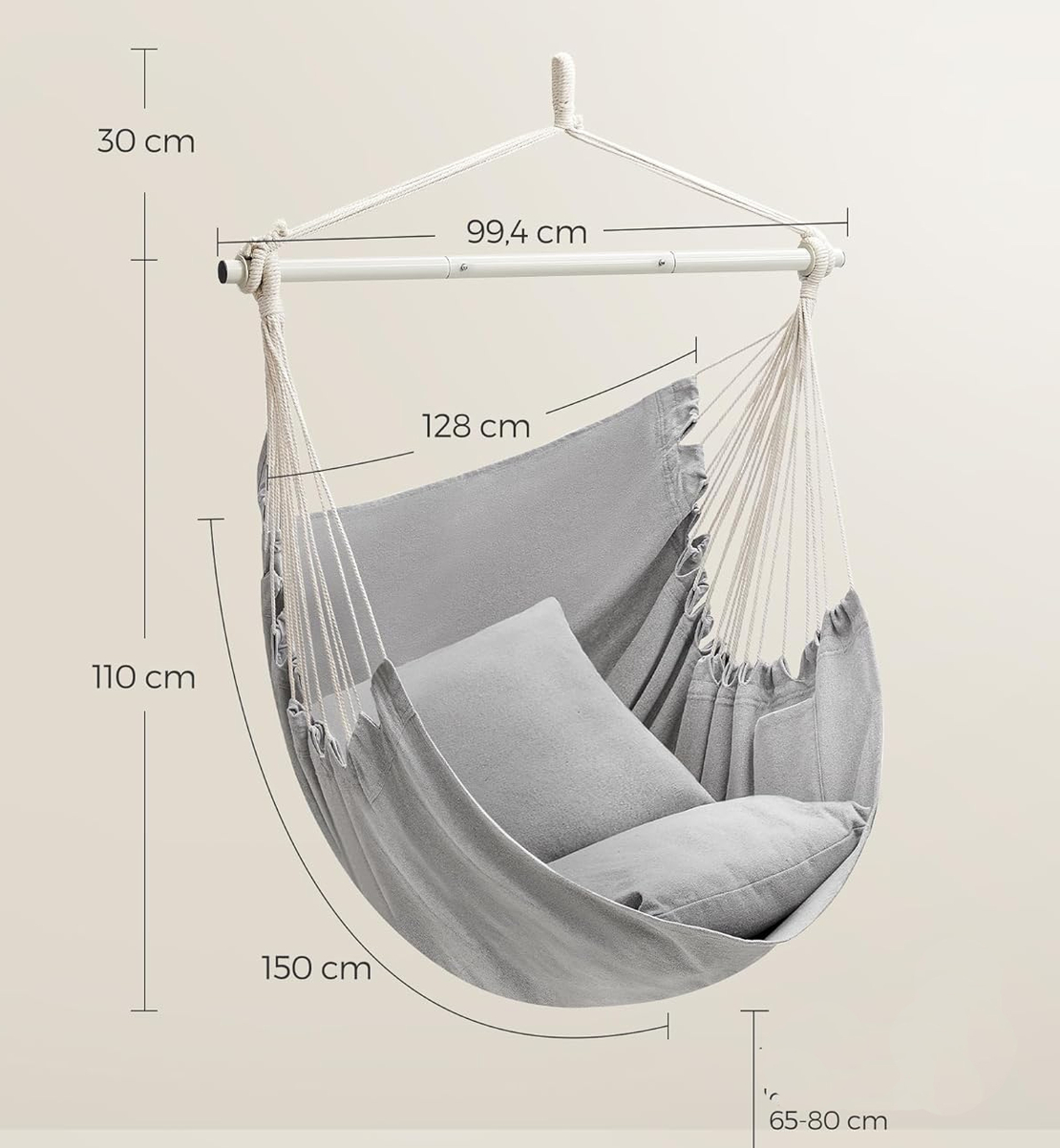 SONGMICS Fotoliu suspendat tip hamac cu 2 perne, lant si carabiniera incluse, 150x128 cm, gri