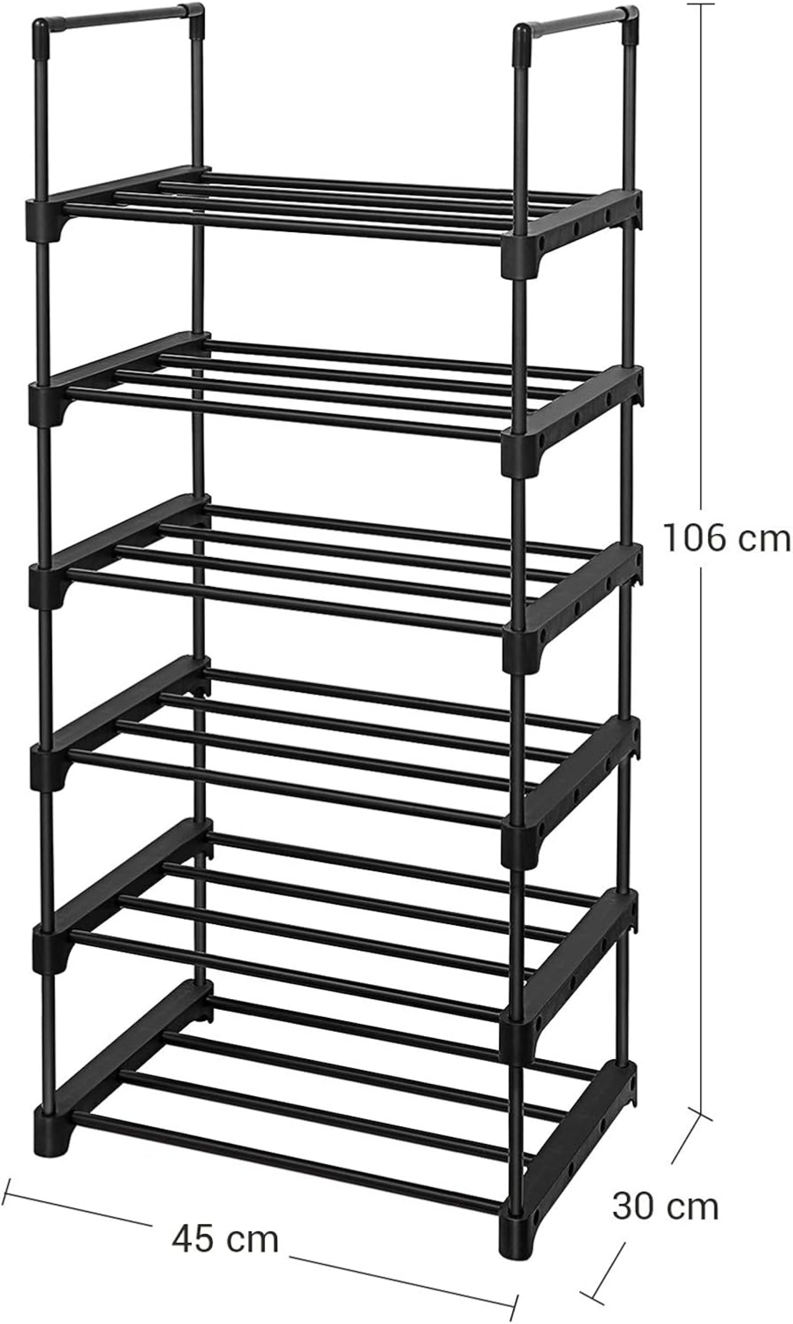 SONGMICS Raft pantofi 6 niveluri, 12 perechi incaltaminte, structura metalica, 45x30x106 cm, negru
