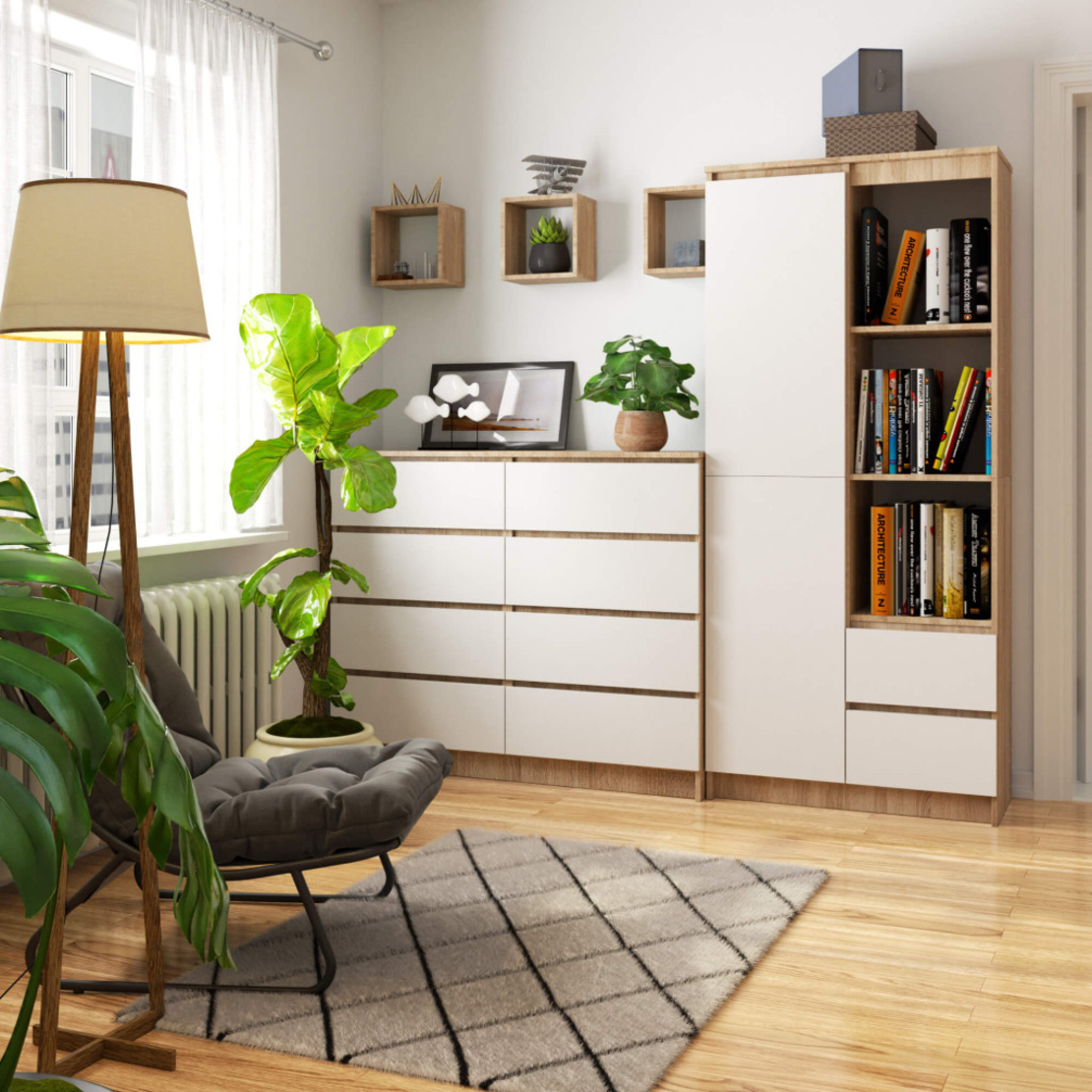 Dulap cu usa, 2 sertare si 7 rafturi, PAL laminat 16 mm, 80x35x180 cm, sonoma si alb