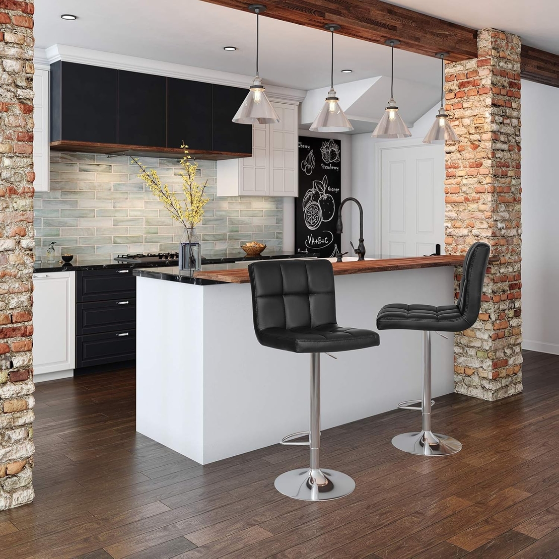 SONGMICS Set 2 scaune bar reglabile pe inaltime, cu spatar, sezut PU si suport picioare, rotatie 360°, 38x45x115 cm, negru