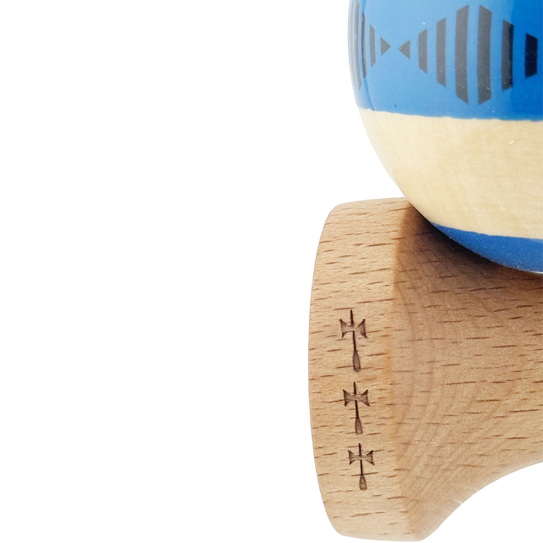 Kendama X FREQUENCY Originala, Profesionala, Flippy, Big Cups V2, Super Sticky cu Cupe Mari, Rulment Metalic, din lemn 18 cm, Ata 55 cm, Albastru/Maro