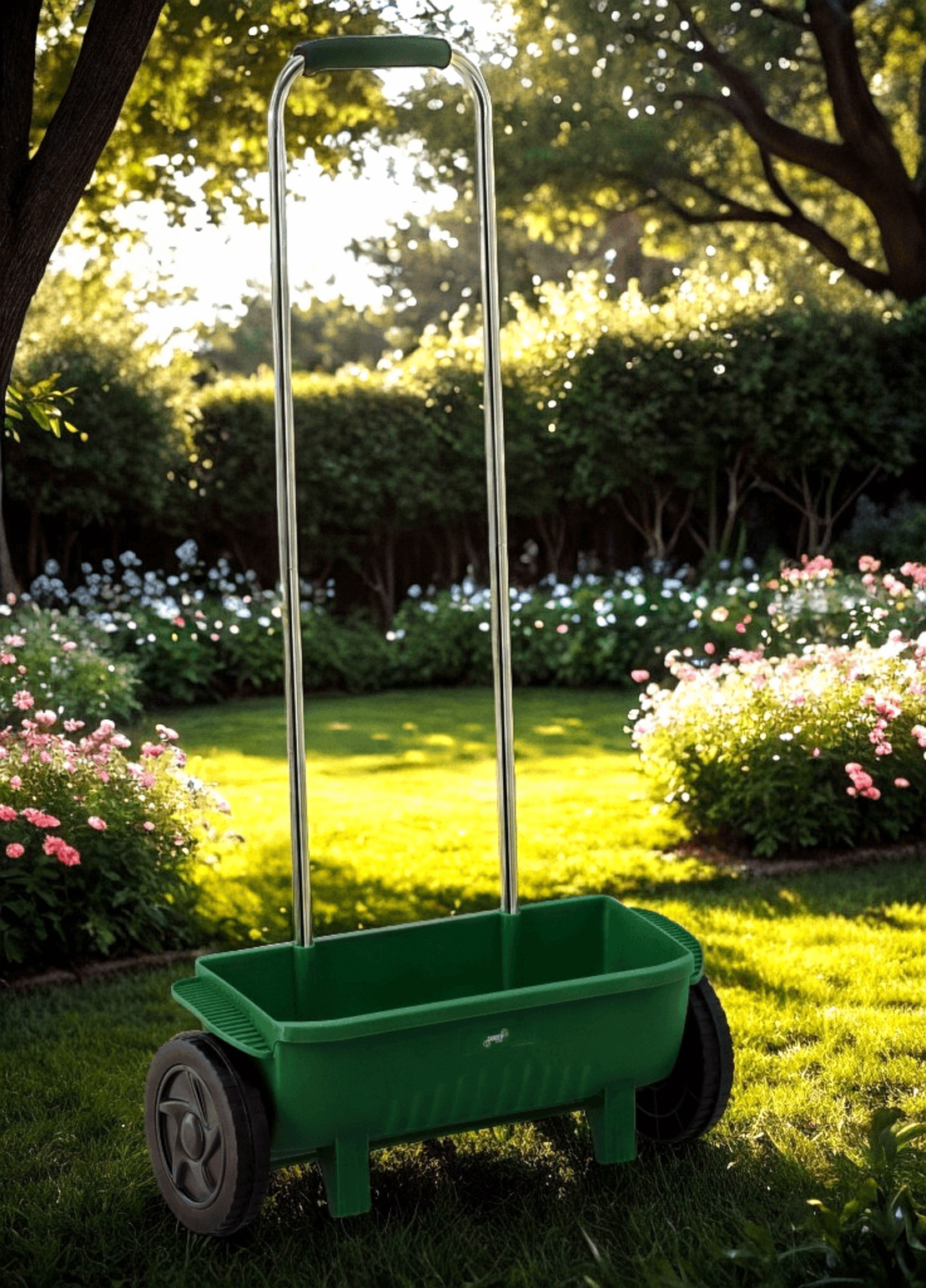 Semanatoare manuala pentru seminte, ingrasaminte sau nisip, capacitate 10 L, latime imprastiere 45 cm, 56x20x110 cm, verde