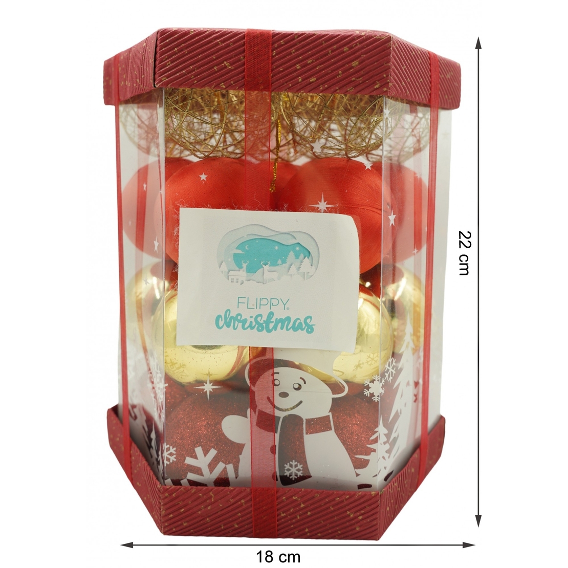 Set de 28 ornamente de brad, Flippy, de tip Glob, Rosu/ Auriu, din polistiren, cu finisaj sclipitor , cutie 18 cm adancime x 22 cm inaltime x 18 cm lungime)