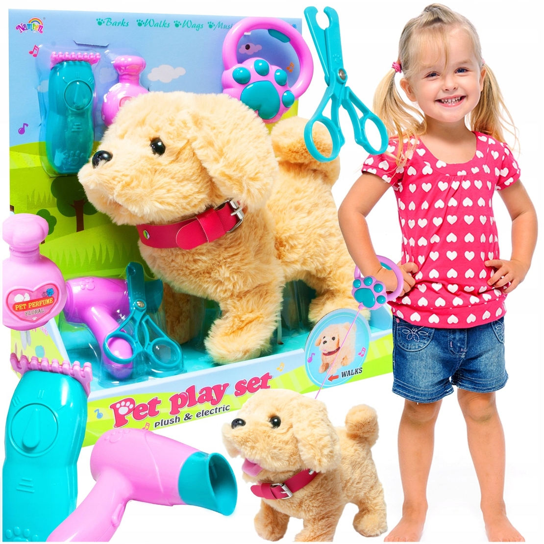 Catel interactiv pentru copii cu sunete, mers, melodii, lesa si accesorii de ingrijire, 23x12x21 cm, bej