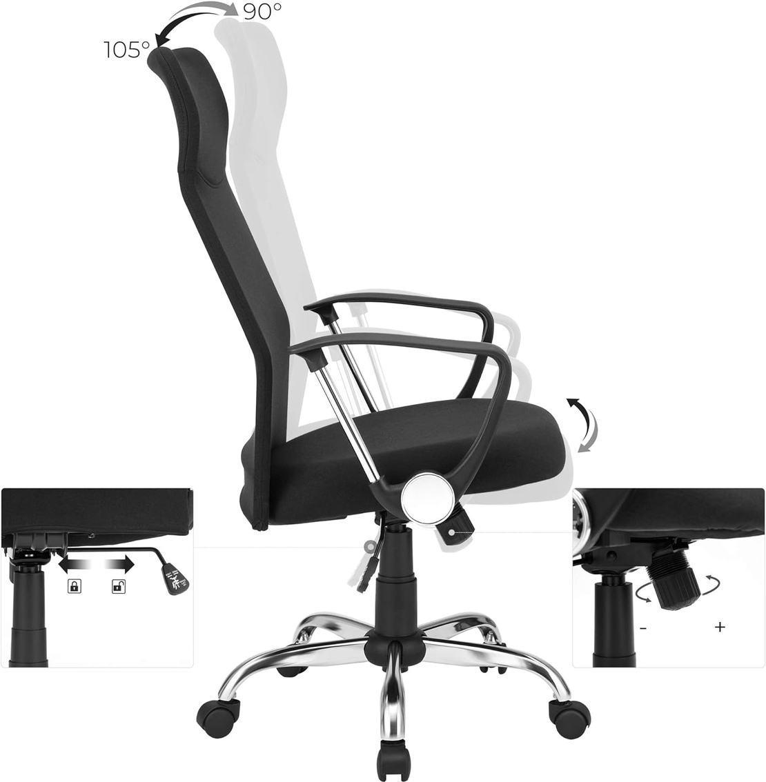 SONGMICS Scaun de birou ergonomic pentru sala de sedinte, pivotant, capitonat, inaltime reglabila si rabatabil, negru