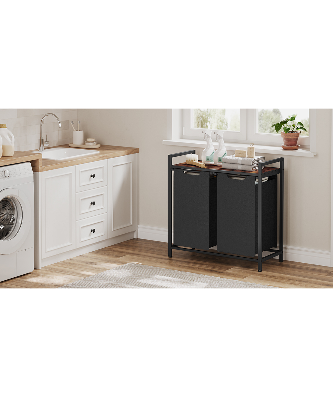VASAGLE Cos de rufe, 2 compartimente, saci de rufe detasabili, raft, cadru metalic, 2x46L, 73x33x72 cm, maro rustic si negru