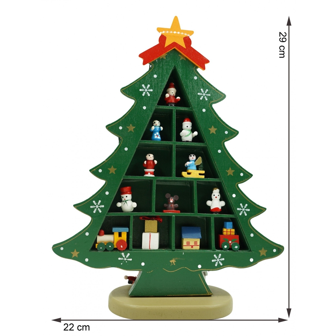 Decoratiune Craciun, Brad, Verde, 5 cavitati cu ornamente, 22 cm x 29 cm, Lemn, Flippy