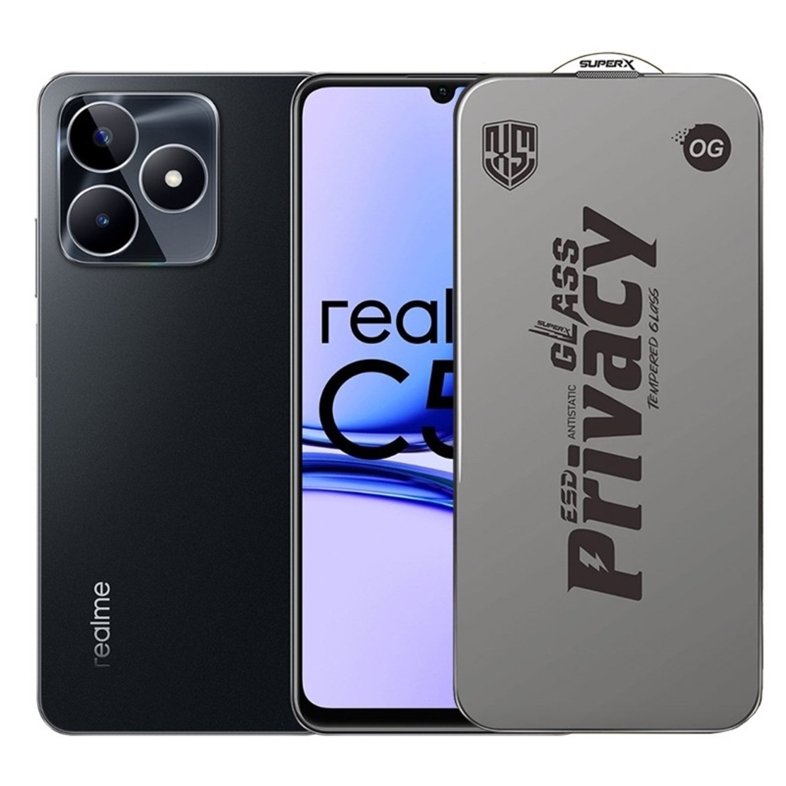 Folie de Protectie pentru Realme C53, Vafy, Sticla Securizata ESD Antistatica, Super-X Privacy OG, Margini Negre, 0.30 mm, Transparent Inchis