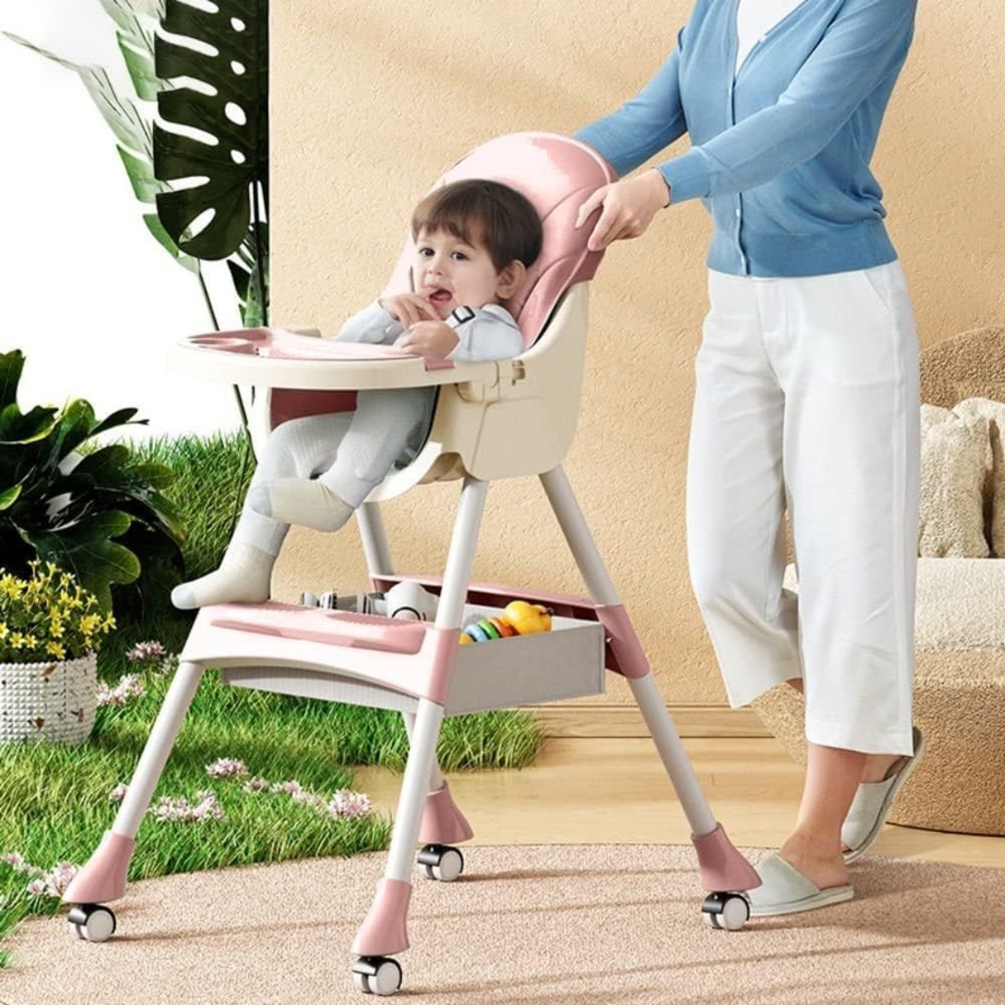 Scaun de Masa 2in1, Flippy, pentru Copii de la 6 luni - 5 Ani, Inaltime Reglabila, Centura in 5 Puncte, Tava de Masa, Roti cu Frana, Cos Depozitare, Jucarie Inclusa, 94 x 78 x 60 cm, Roz