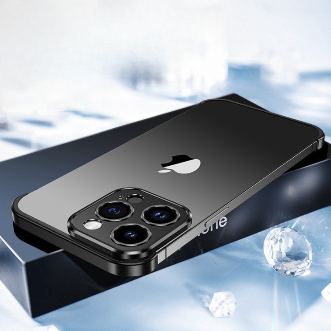 Husa Metalica Edgeless Compatibila cu iPhone 15 Pro, Vafy, Protectie pentru Colturi si Camera, Aliaj, Antisoc, Antizgariere, Negru Metalizat