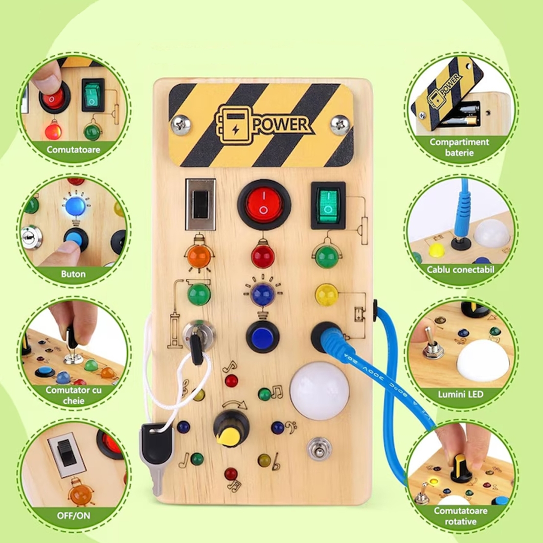 Jucarie Educativa Montessori pentru Copii, Flippy, Model Busy Board, Tableta din Lemn cu Circuit Luminos, 36 Comutatoare, Lumini LED, 19,5 x 9,7 x 3