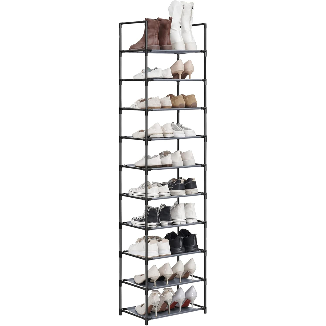 SONGMICS Pantofar cu 10 niveluri, cadru metalic si rafturi textile, 28x45x173 cm, gri