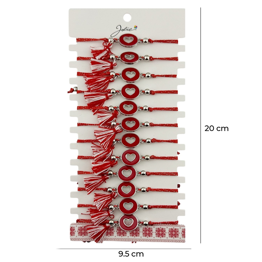 Martisor Bratara cu Ciucure pentru Dama, Jolie, Model Cerc cu Inima, Set 12 bucati, Pandativ din Inox, Snur Reglabil, Rosu/Alb