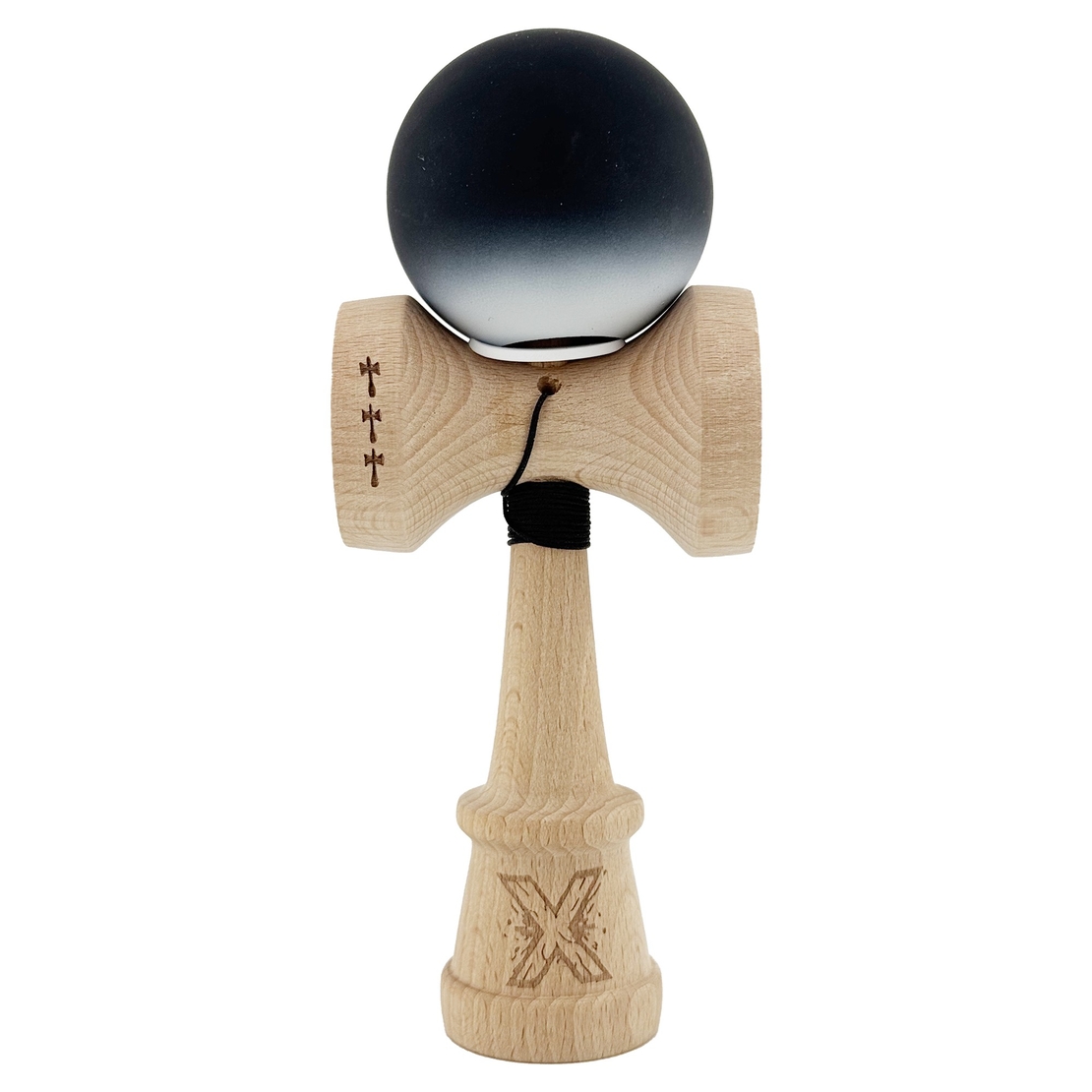 Kendama X Originala, Profesionala, Flippy, Cupe Mari KING SIZE V3, Rubber Grip, Gaura in Baza, Rulment Metalic, din lemn 18 cm, Ata 62/65 cm, Gradient Negru/Alb