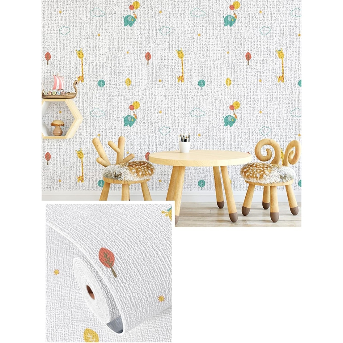 Rola Autoadeziva pentru Perete, Vafy, din Panza, 10 m, Rezistenta la Umezeala, 2.5 mm Grosime, Model Girafa si Elefant, Multicolor