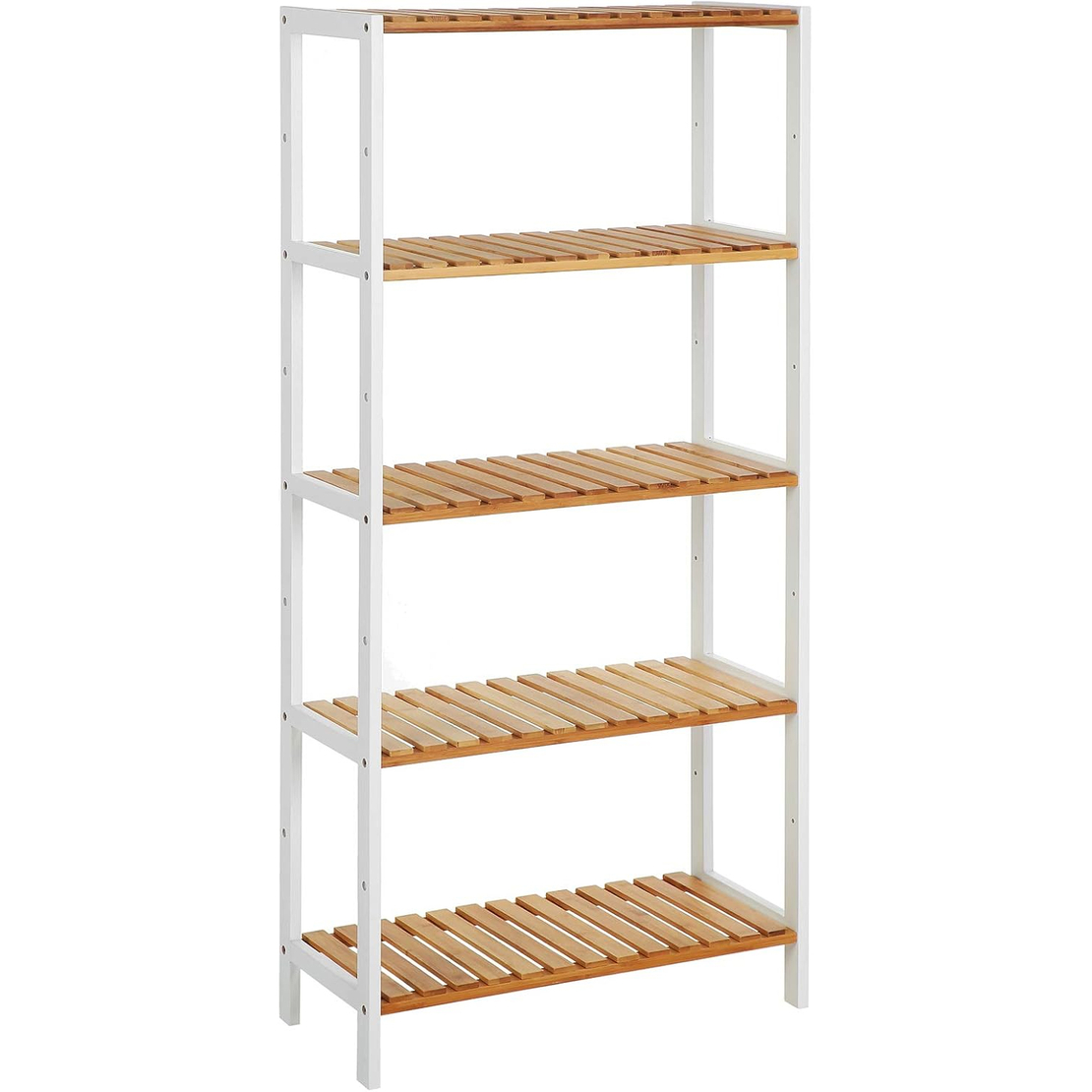 SONGMICS Raft de depozitare din bambus, 5 polite, pentru bucatarie sau baie, 130x60x26cm, alb si maro natur