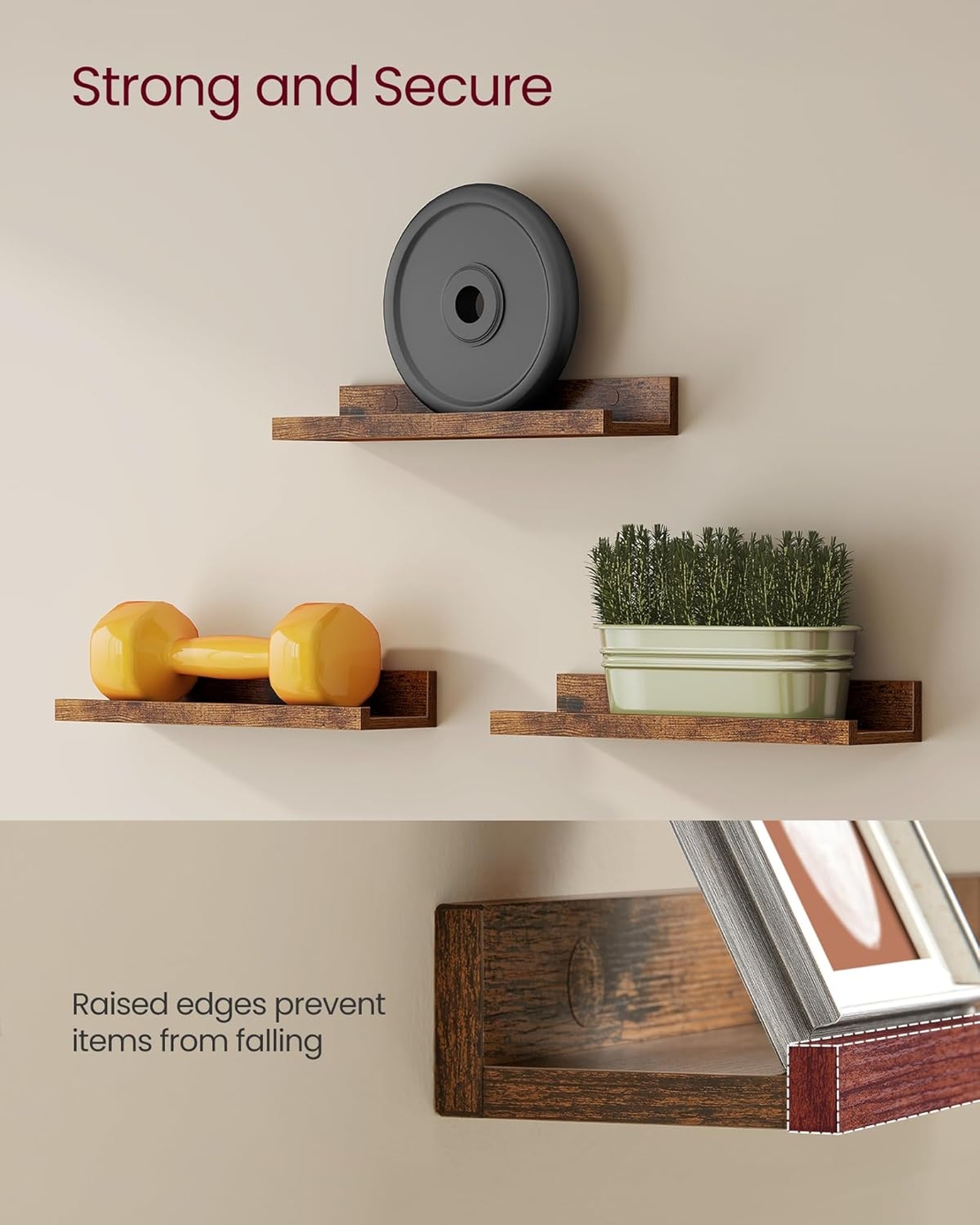 VASAGLE Set 3 rafturi suspendate plutitoare, cu margine frontala inaltata, 38x10x5 cm, maro rustic