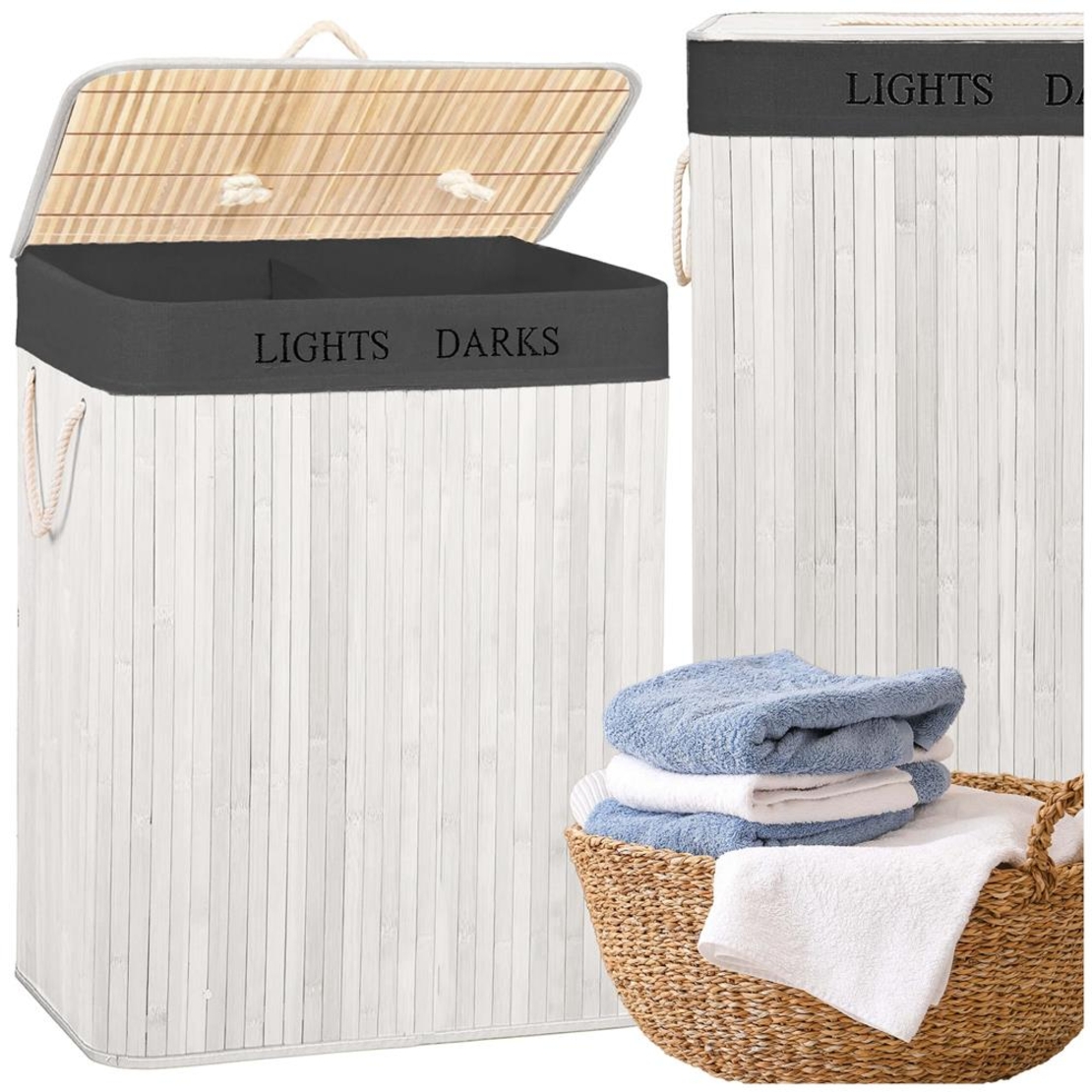 Cos pentru rufe din bambus, pliabil, cu 2 compartimente, volum 105 L, 63x52x33 cm, alb si gri inchis