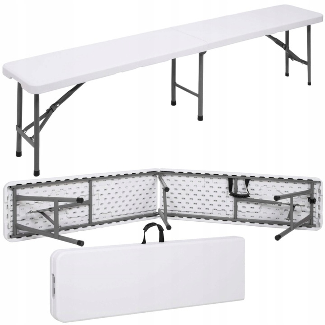 Banca pliabila, cu maner, HDPE si cadru metalic, 180x30x43 cm, alb/gri