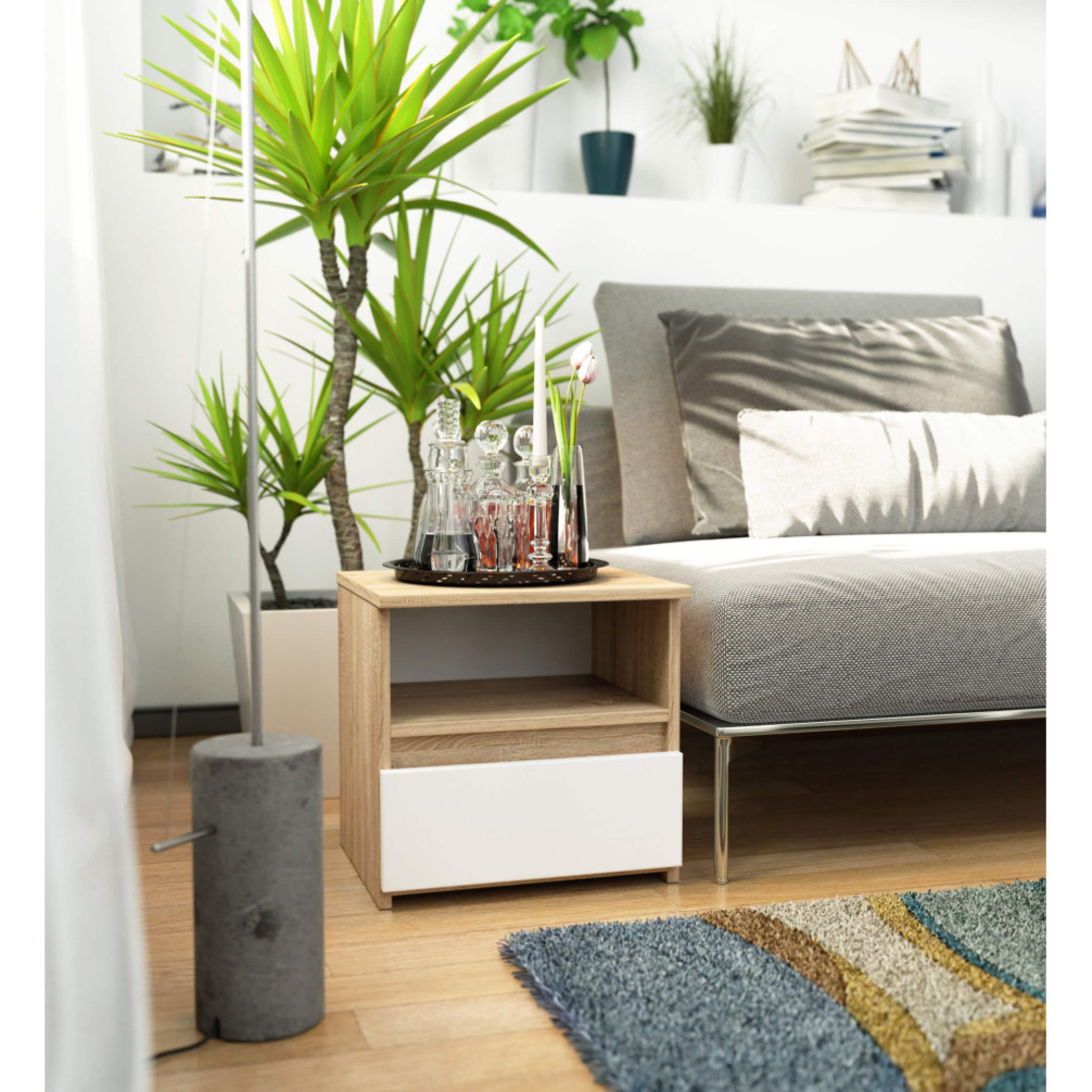 Noptiera cu 1 sertar, PAL laminat 16mm, 40x35x40 cm, stejar sonoma si alb
