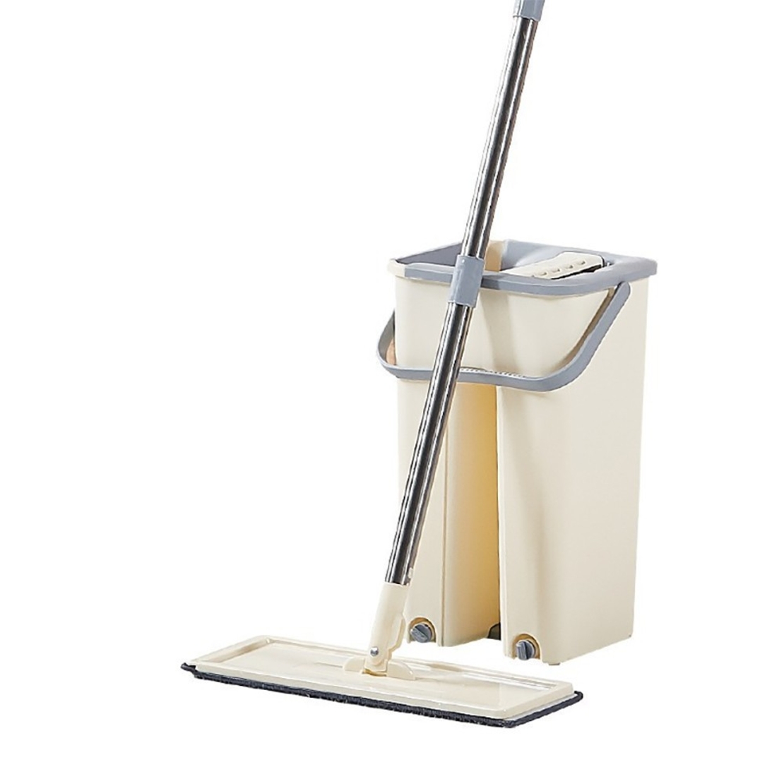 Set de curatenie Flippy, mop si galeata, galeata 6 l, 2 rezerve microfibra incluse, design modern, pentru interior, material plastic, peri sintetici, plat, cu storcere, bej