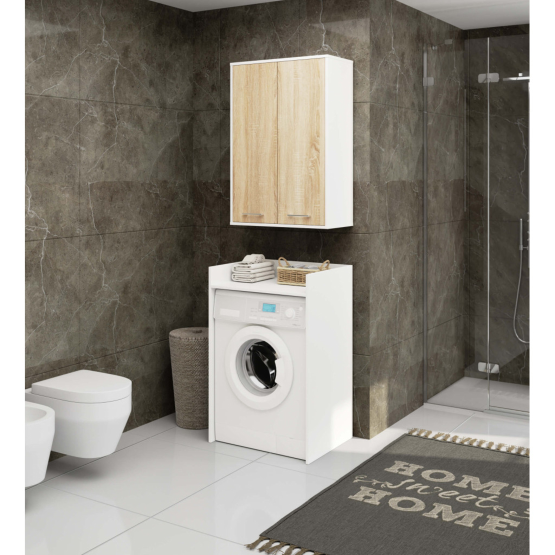 Dulap baie suspendat, cu 2 usi si 4 rafturi interioare, PAL 16 mm, 64x30x94 cm, alb si stejar sonoma