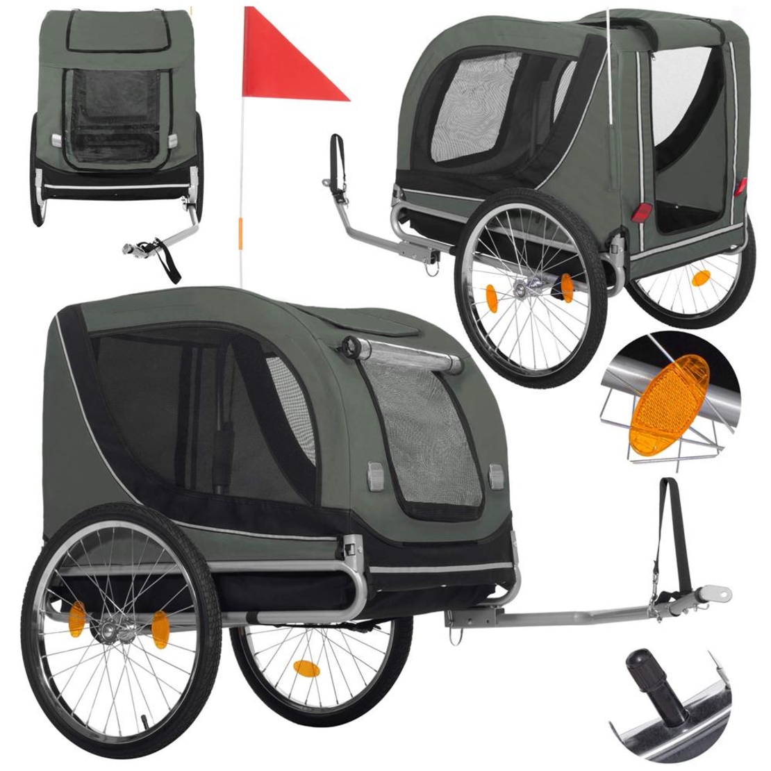 Remorca bicicleta pentru transport animale, cu acoperis impermeabil, maxim 40 kg, verde si negru