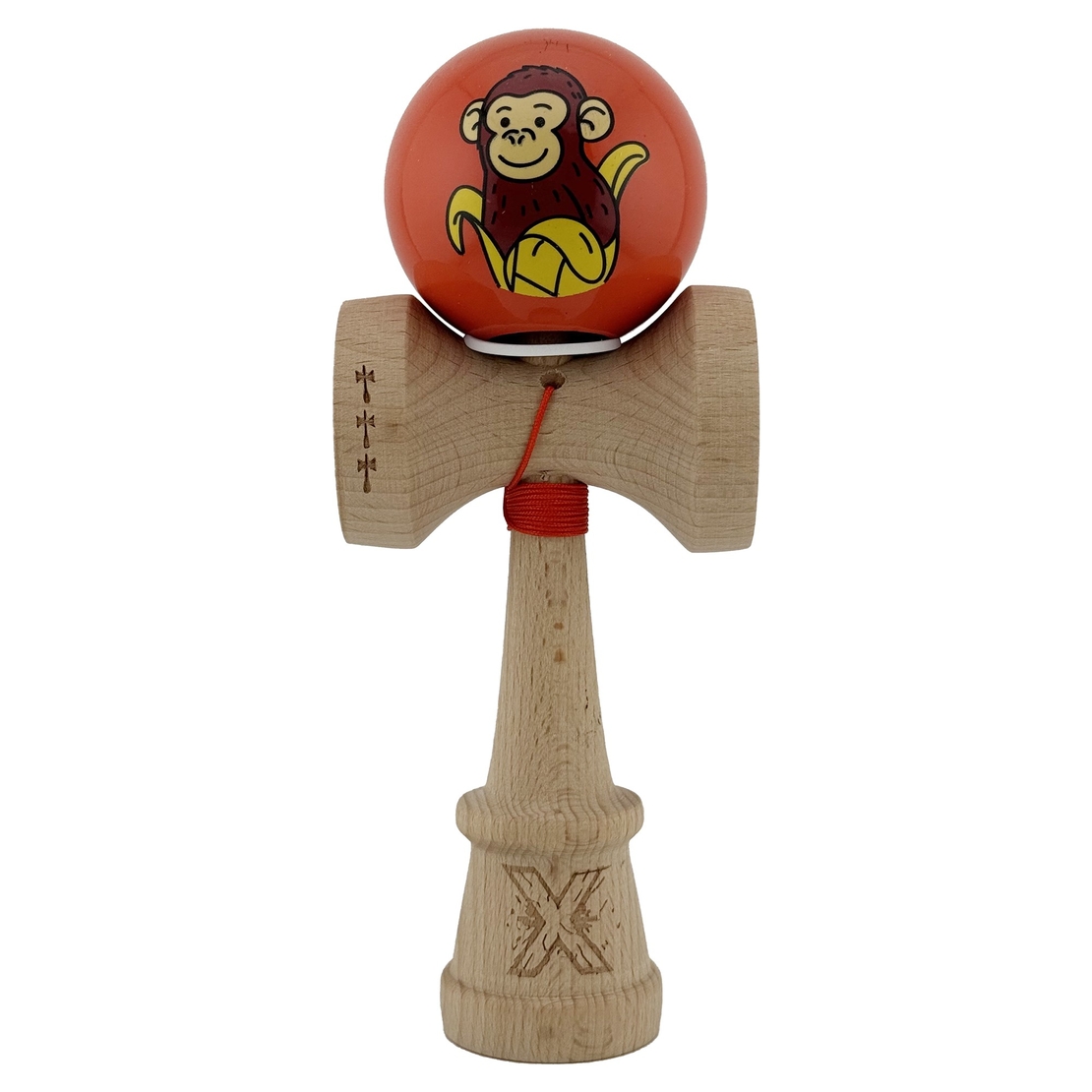 Kendama X Originala, Profesionala, Flippy, Brown Monkey, Super Sticky cu Cupe Mari King Size V3, Rulment Metalic si Gaura in Baza, din Lemn 18 cm, Ata 62/65 cm, Rosu