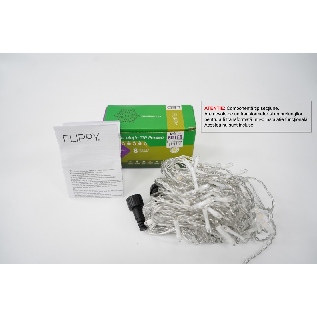 Sectiune Instalatie de Craciun Vafy Tip Perdea, 8 jocuri de lumini, 1x1 m, 60 LED-uri, Interconectabila, Fir Transparent, Alb Cald