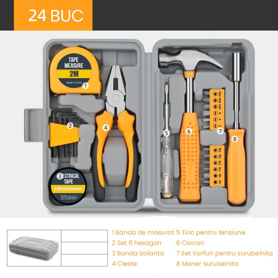 Set Scule 24 piese pentru Uz Casnic, Vafy, Instrumente Set in Trusa de Plastic Gri, din Plastic si Metal, 20 x 12.5 x 3 cm, Galben