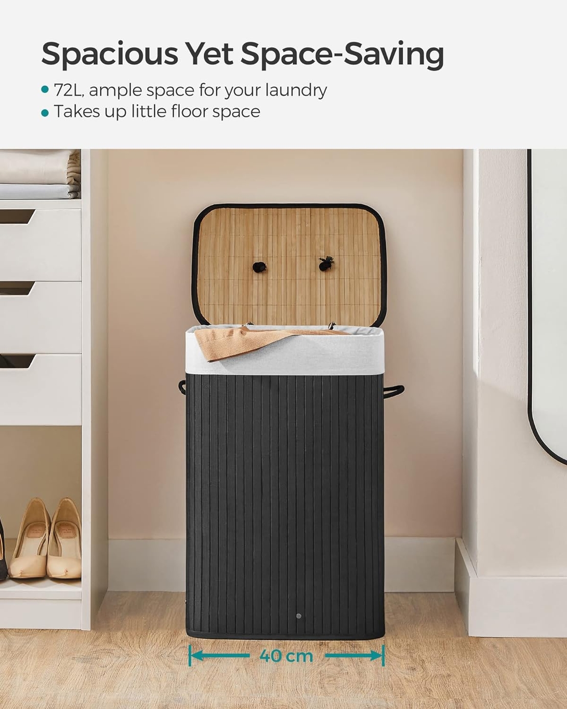 SONGMICS Cos de rufe din bambus, pliabil, cu captuseala detasabila lavabila, 72L, 40x30x60cm, negru