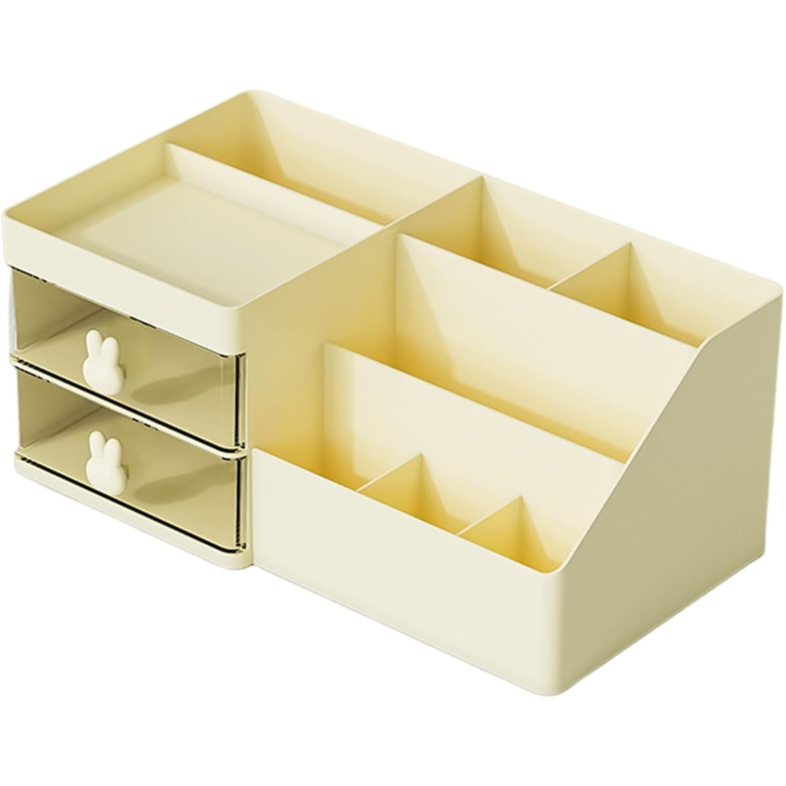 Cutie de Depozitare pentru Birou, Flippy, Pentru Makeup, Papetarie, Organizator Cosmetice, 2 Sertare si Compartimente Multiple, Model Iepuras, Plastic, 27.5x15.5x12 cm, Crem