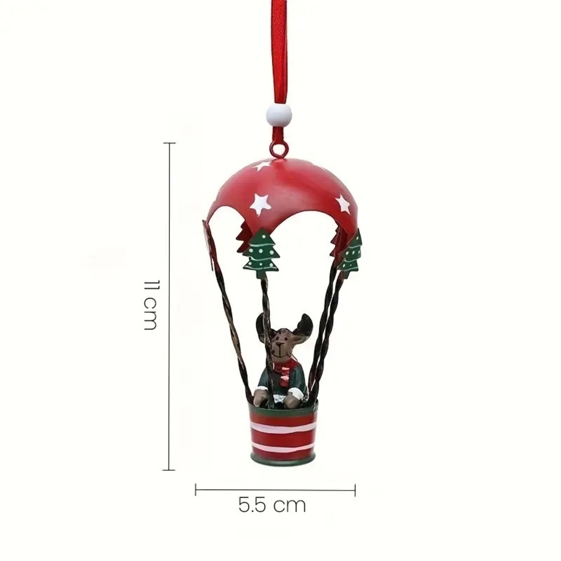 Figurina pentru Brad de Craciun, Flippy, Model Ren in Balon cu Aer Cald, Ornament pentru Brad, din Metal, 11 x 5.5 x 5.5 cm, Rosu inchis